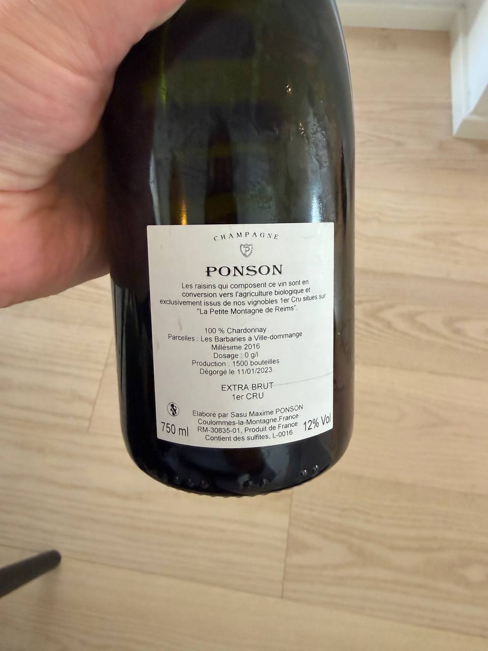 Ponson Champagnes bagside, 100% Chardonnay, Extra Brut, 0g dosage, Premier Cru